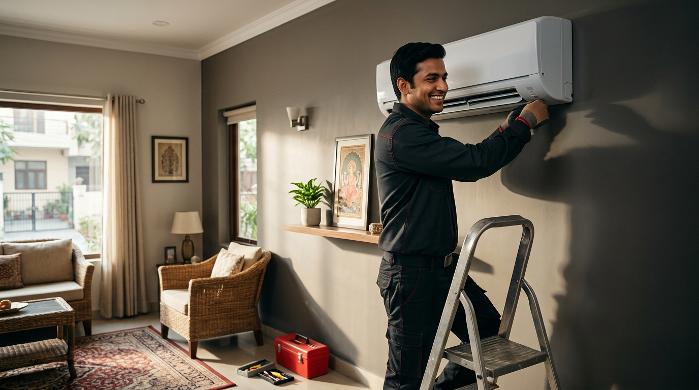 A smiling delivery technician installing a clean, refurbished split AC in a cozy Delhi living room.