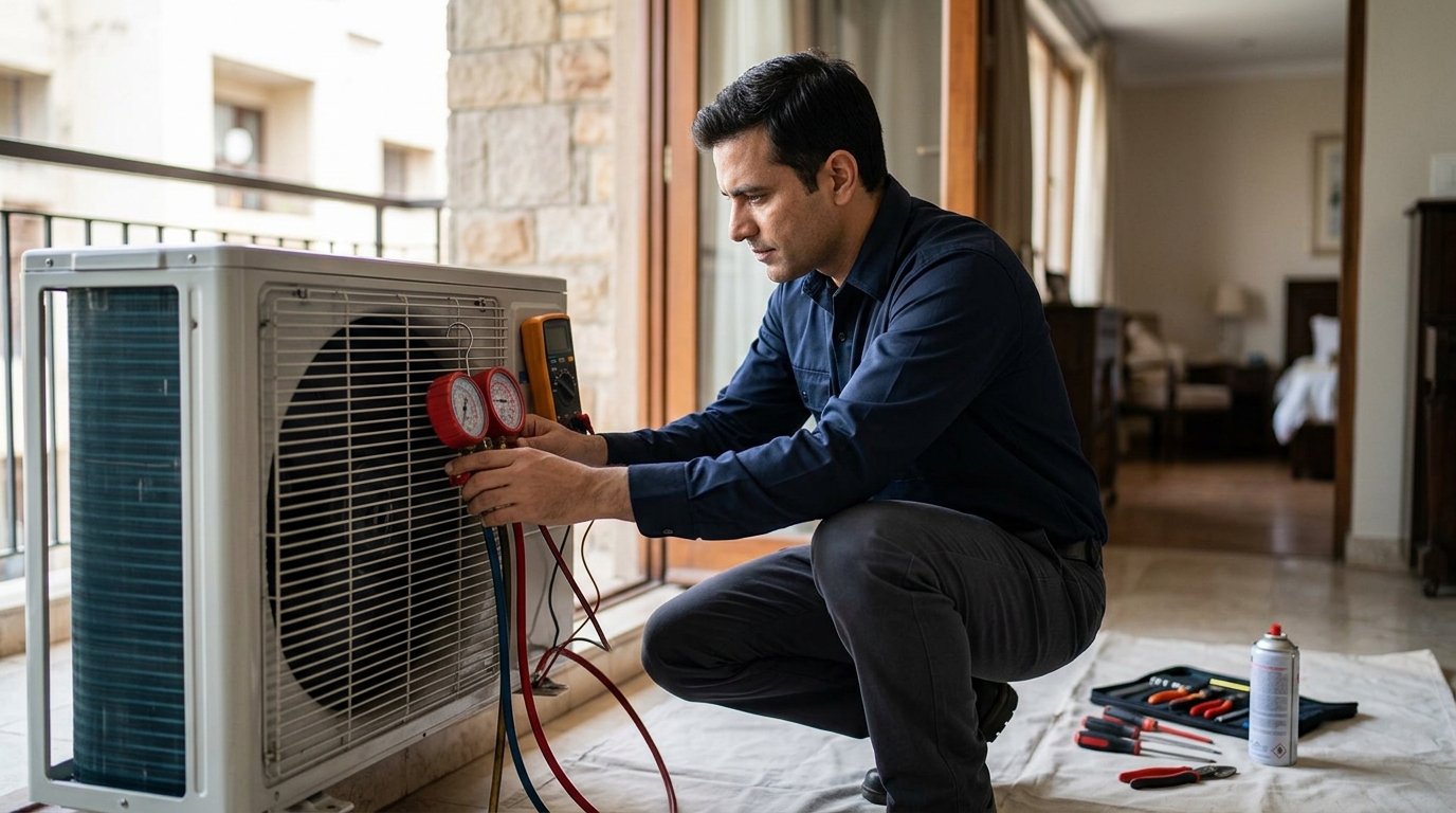 A brightly colored infographic titled "Second-Hand AC Buyer's Checklist" showing icons for checking cooling coils, inspecting gas levels, and verifying warranty documents.