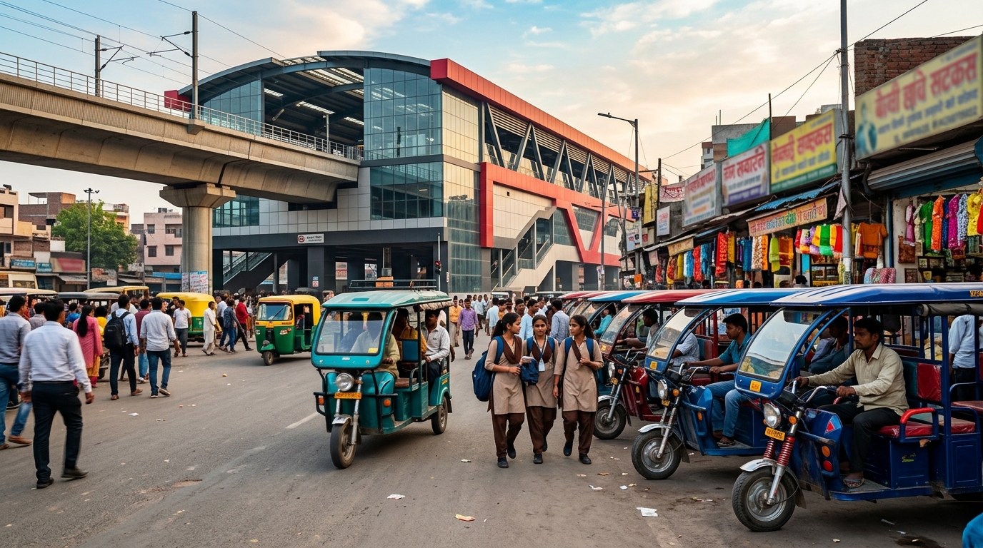 A vibrant street view in Burari showing a local e-rickshaw stand near a bustling neighborhood market, with a metro station visible in the background.