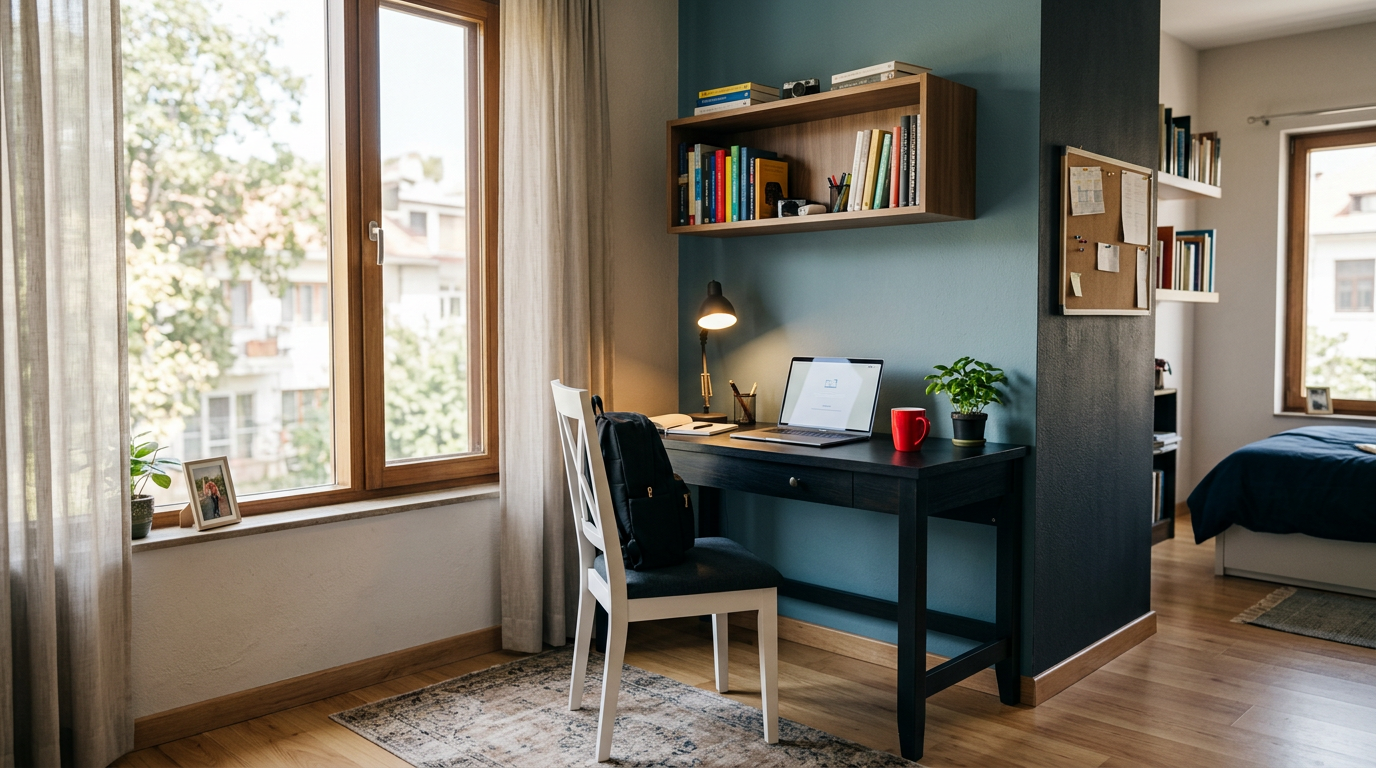 A bright, neatly organized shared student apartment in Burari, featuring a study desk, a small bookshelf, and natural light streaming through a large window.