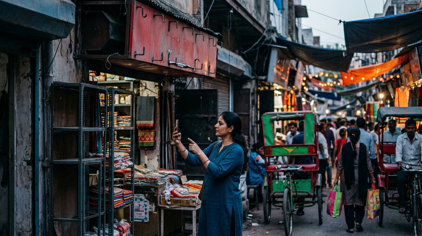 A bustling street market in Delhi with shoppers looking at their smartphones to find local stores.