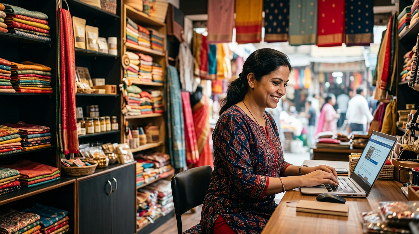 A small business owner in Delhi smiling while typing on a laptop in their colorful shop.