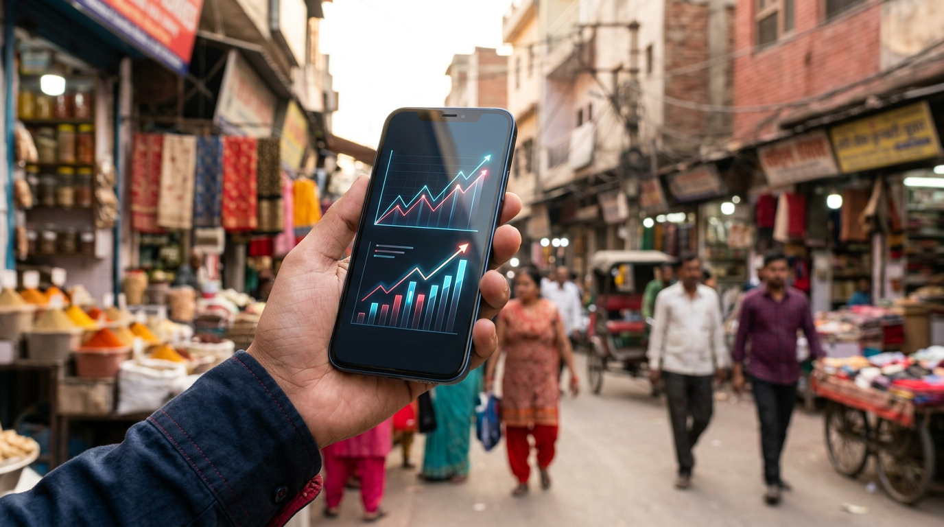 A close-up of a smartphone screen displaying a local business directory app with graphs showing upward growth.