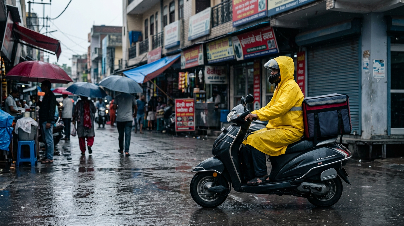 A delivery rider in a bright yellow raincoat navigating a wet street, representing efficient burari local deliveries during the monsoon.