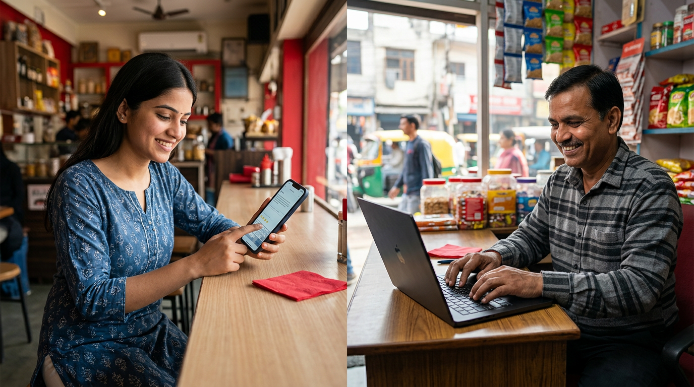 A split screen showing a customer typing a 5-star review on their phone and a business owner happily typing a thank-you reply on a laptop.