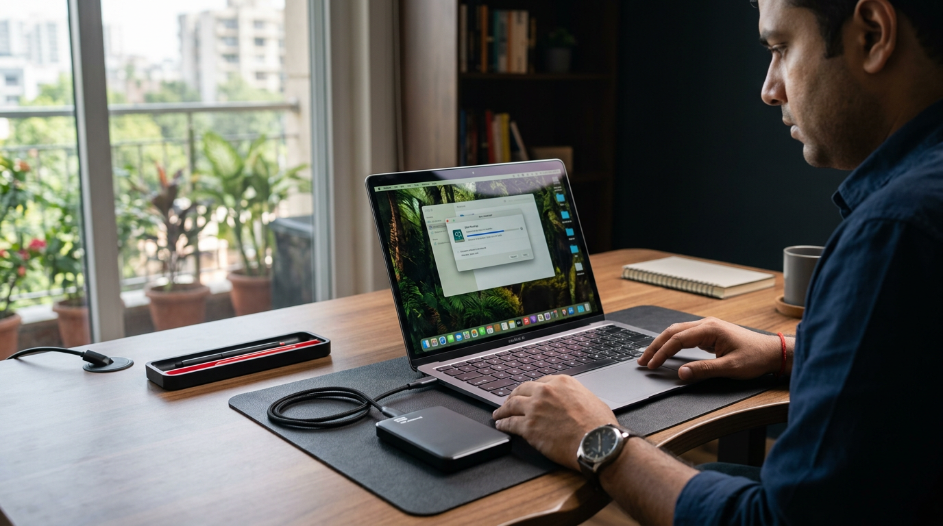 A person carefully backing up data from a laptop to an external hard drive before wiping the computer