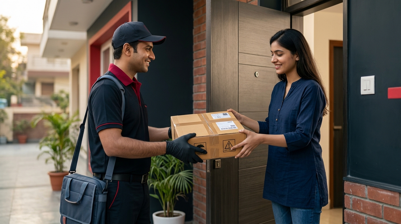 A friendly delivery executive in a uniform safely collecting a packed laptop from a customer at their doorstep